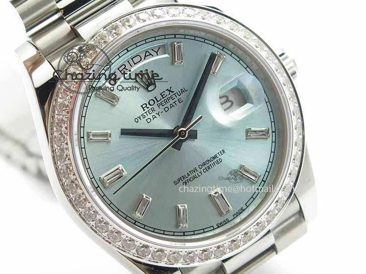 MiroTime 1218 Stylish Day Date 40mm SS BP Maker Best Edition Diamond Bezel Ice Blue Dial On SS Bracelet ETA 3699